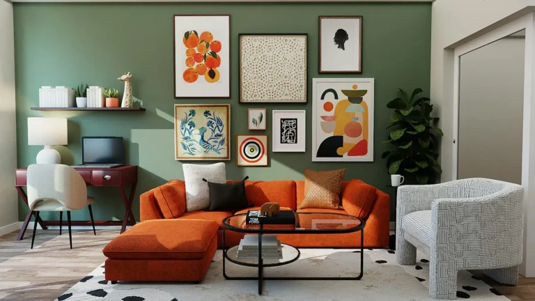 Sala com parede verde, sofá laranja e quadros coloridos