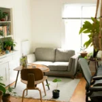 Sala de apartamento pequeno com sofá cinza, plantas e luz natural