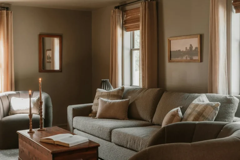 Sala aconchegante com sofá, almofadas e luz natural