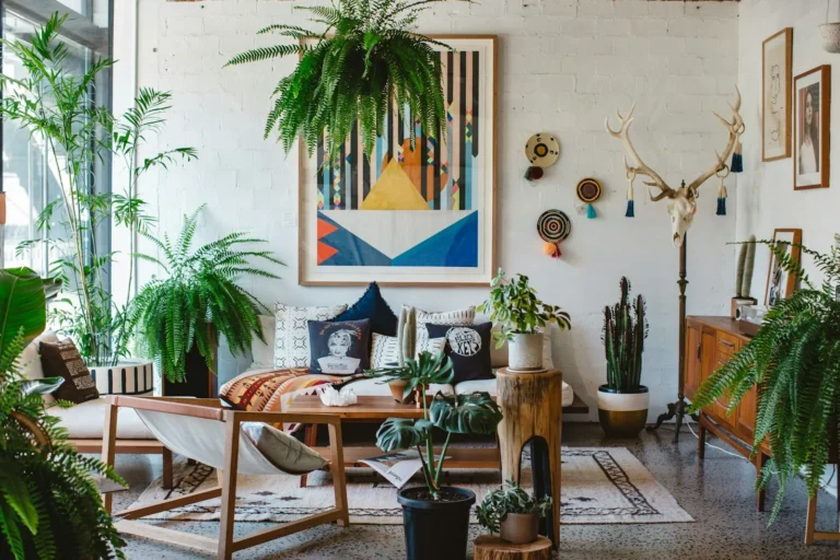 Sala com muitas plantas e decoração de inspiração tropical