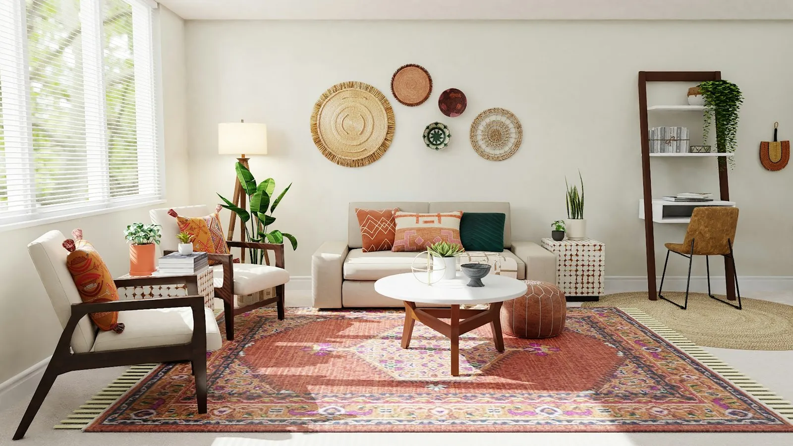 Sala de estar com tapete estampado sob o sofá e as poltronas